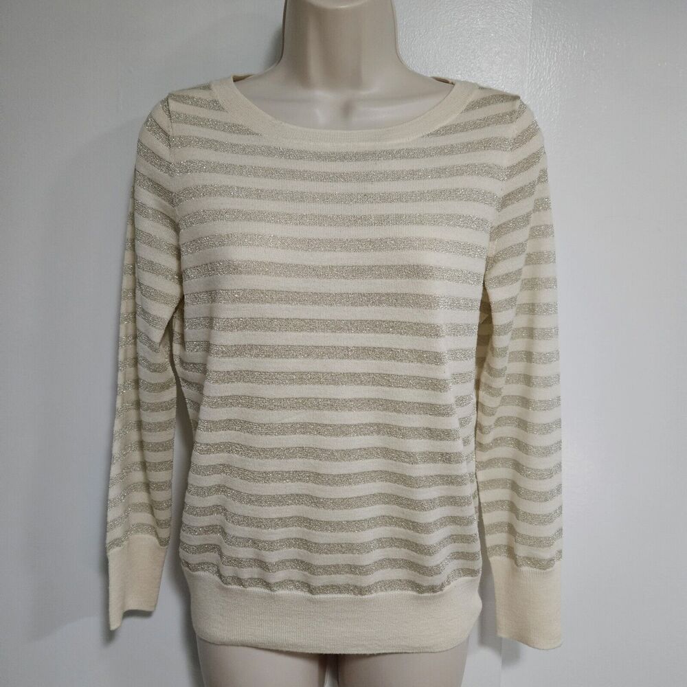 Talbots Petite Size PM Ivory w/ Gold Stripe Lightweight Merino Wool Sweater